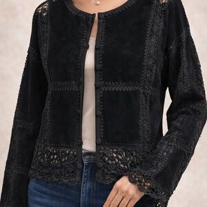 Vintage Gantos Black Suede & Lace Button-Down Jacket/Top